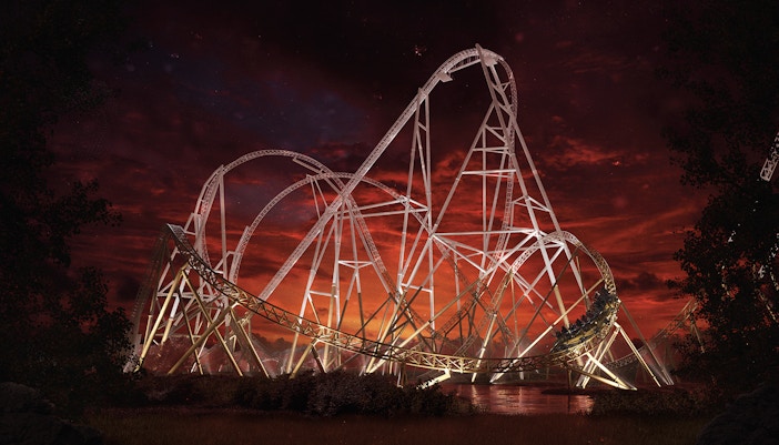 Roller coaster at Thorpe Park during Halloween with a dramatic red sky.