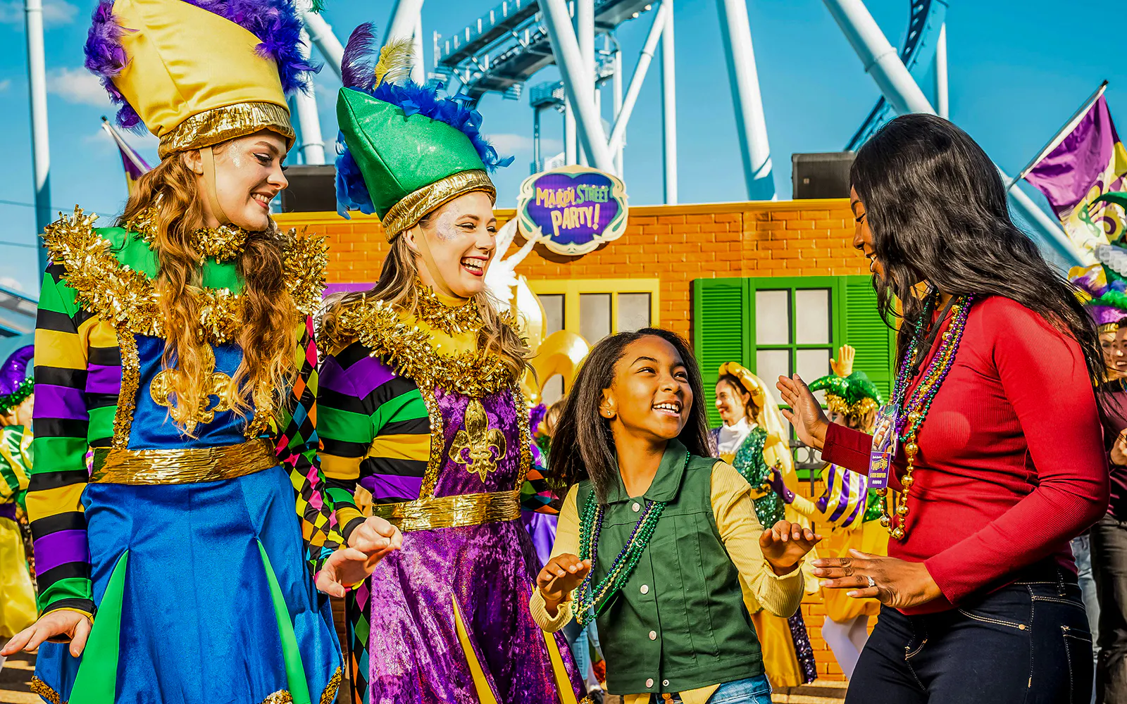 Participants enjoying a Mardi Gras celebration at Busch Gardens Williamsburg.