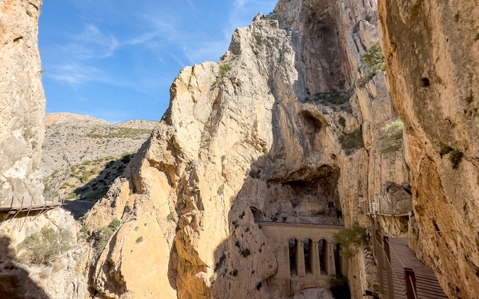 Caminito del Rey walkway through rocky gorge in Andalusia, Spain.