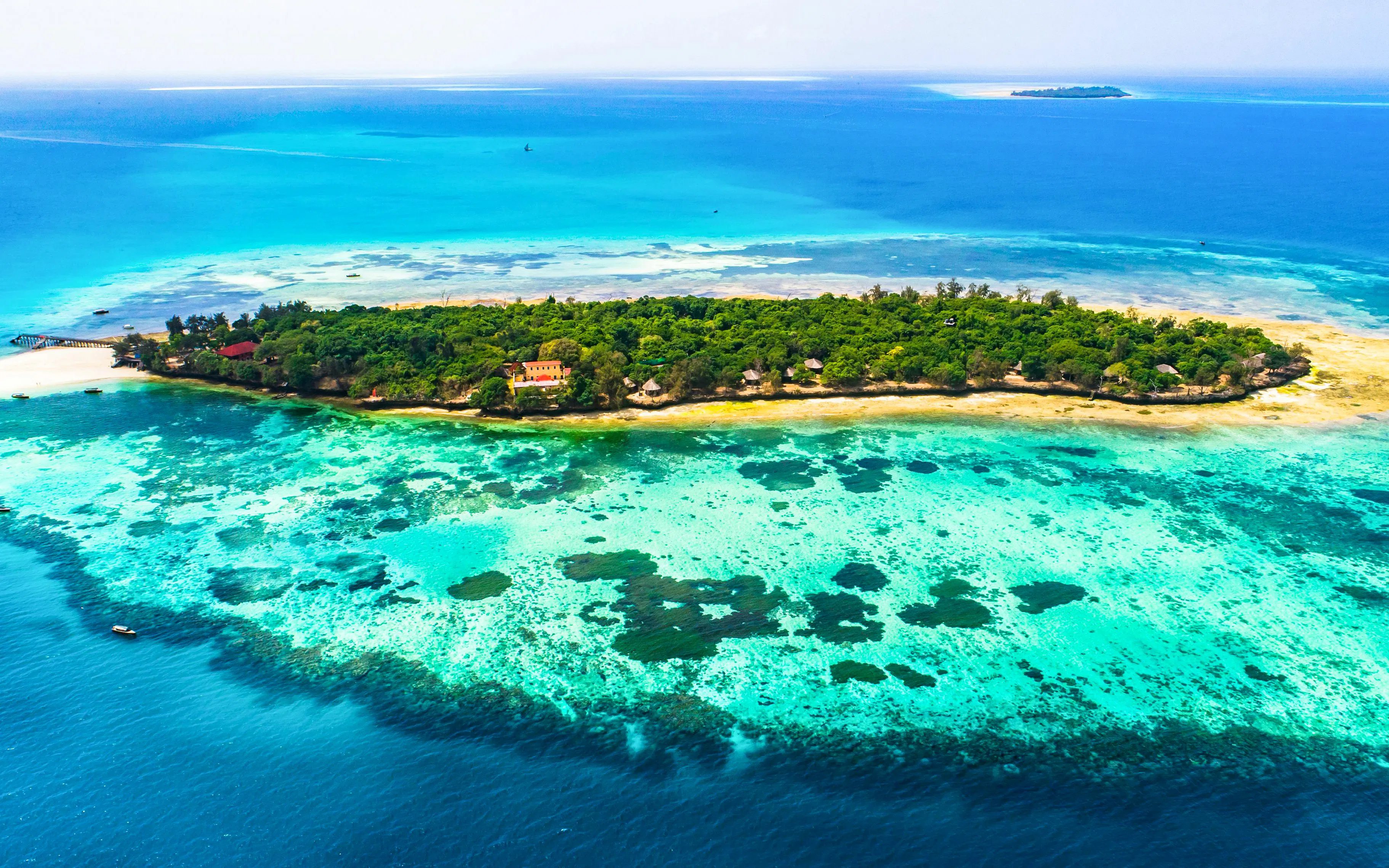 Aerial view of Prison Island surrounded by turquoise waters, Zanzibar, Tanzania.