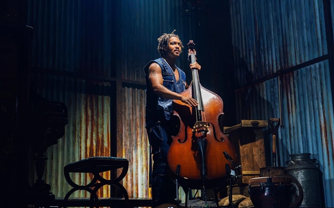 Performer playing double bass in Mexodus the Musical on Broadway stage.