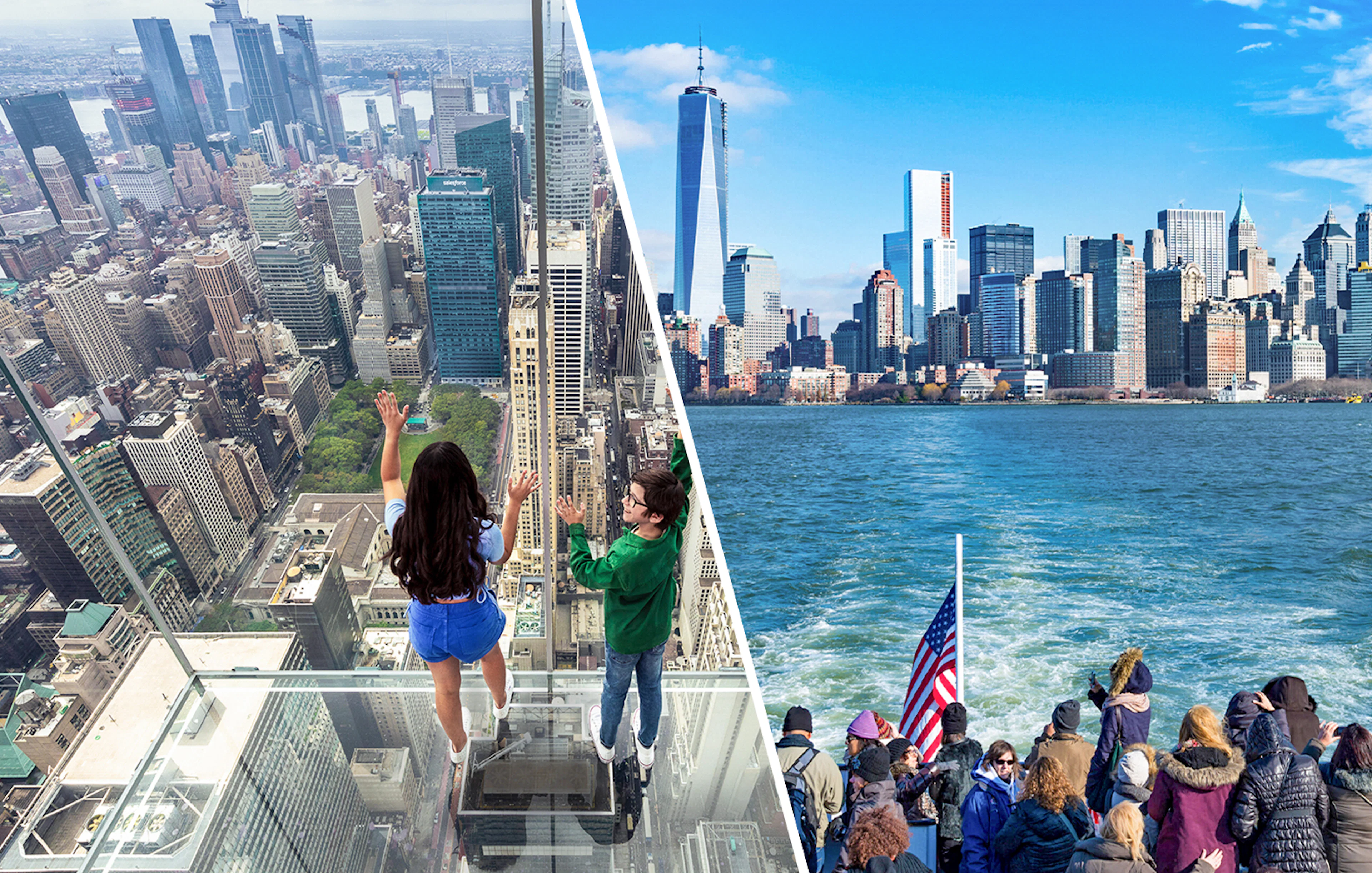 Observation deck view and ferry ride with New York City skyline.