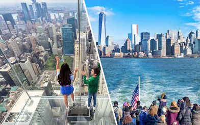 Observation deck view and ferry ride with New York City skyline.