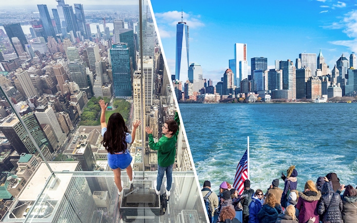 Observation deck view and ferry ride with New York City skyline.