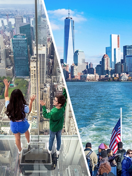 Observation deck view and ferry ride with New York City skyline.