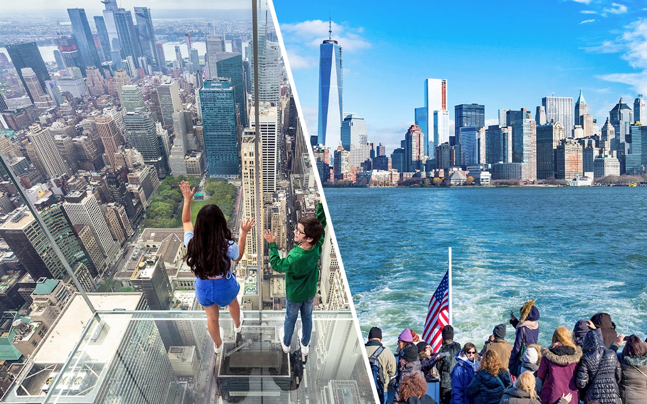 Observation deck view and ferry ride with New York City skyline.
