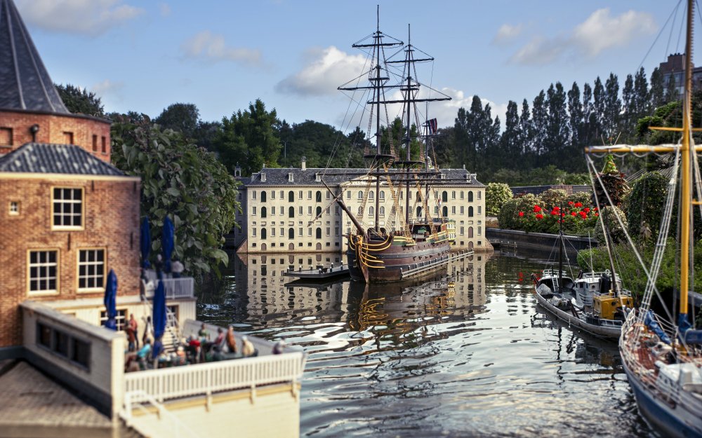 Miniature ship and buildings at Madurodam miniature park, Netherlands.