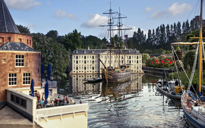 Miniature ship and buildings at Madurodam miniature park, Netherlands.