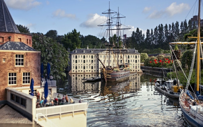 Miniature ship and buildings at Madurodam miniature park, Netherlands.