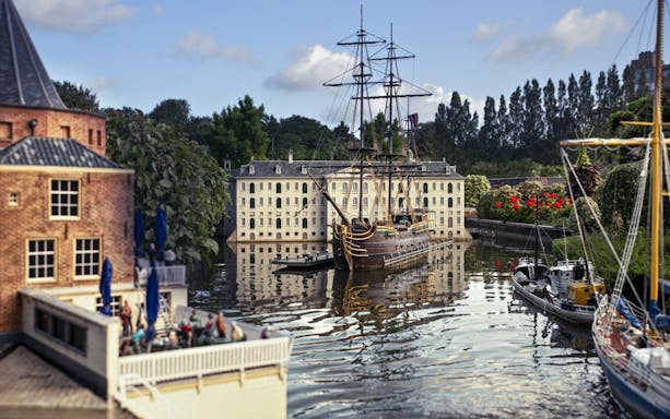 Miniature ship and buildings at Madurodam miniature park, Netherlands.
