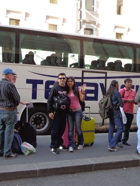 Tourists waiting for Istanbul Terravision airport transfer bus.