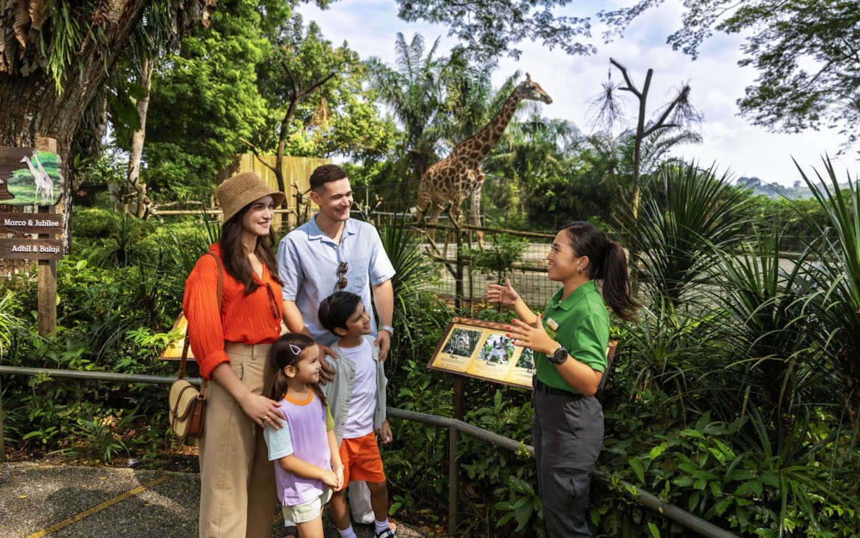 Family with guide at Mandai Wildlife Reserve, giraffe in background.
