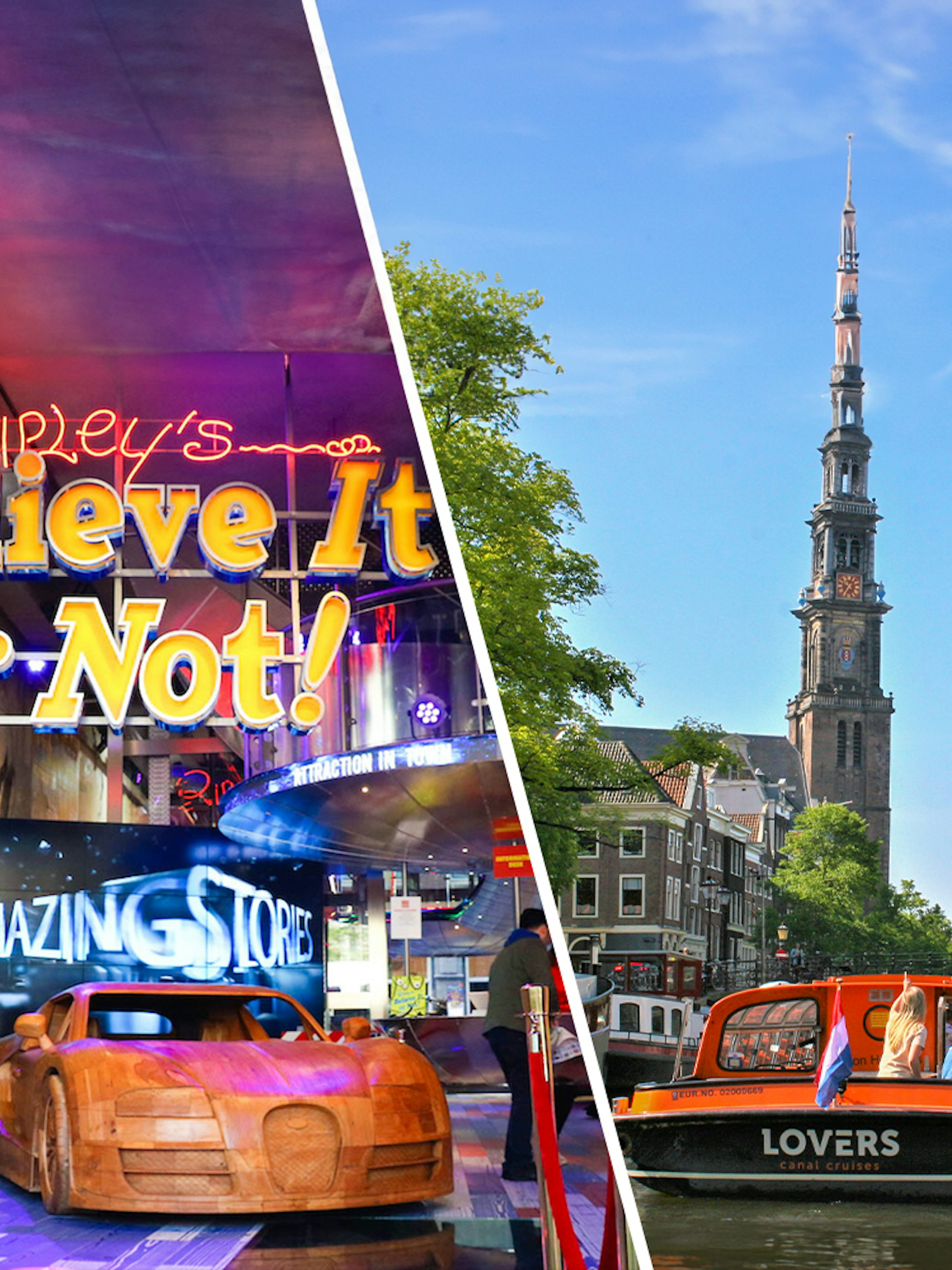 Ripley's Believe It or Not! entrance and Amsterdam canal cruise boat.