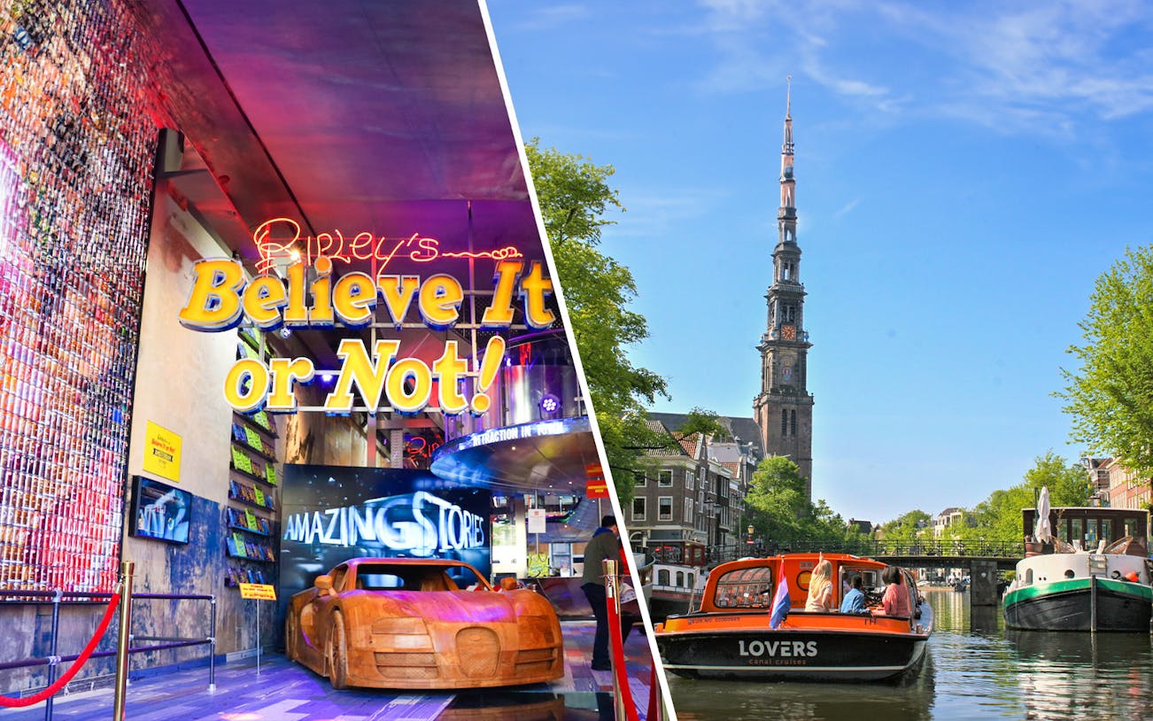 Ripley's Believe It or Not! entrance and Amsterdam canal cruise boat.