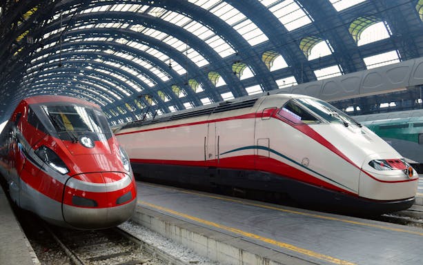 High-speed trains at a station in Rome, Italy, for a guided tour to Naples.