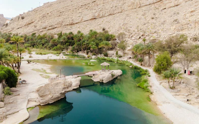 Wadi Bani Khalid oasis with palm trees and turquoise water, Muscat tour.