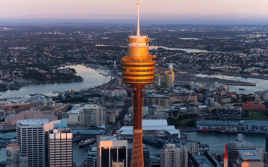 Sydney Tower Eye overlooking the cityscape and harbor at sunset.