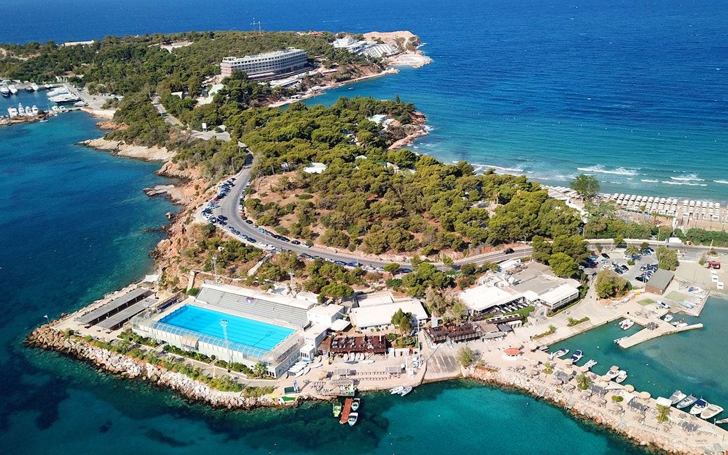 Aerial view of Athens coastline with beaches and marina on Hop on Hop off Classic Tour.
