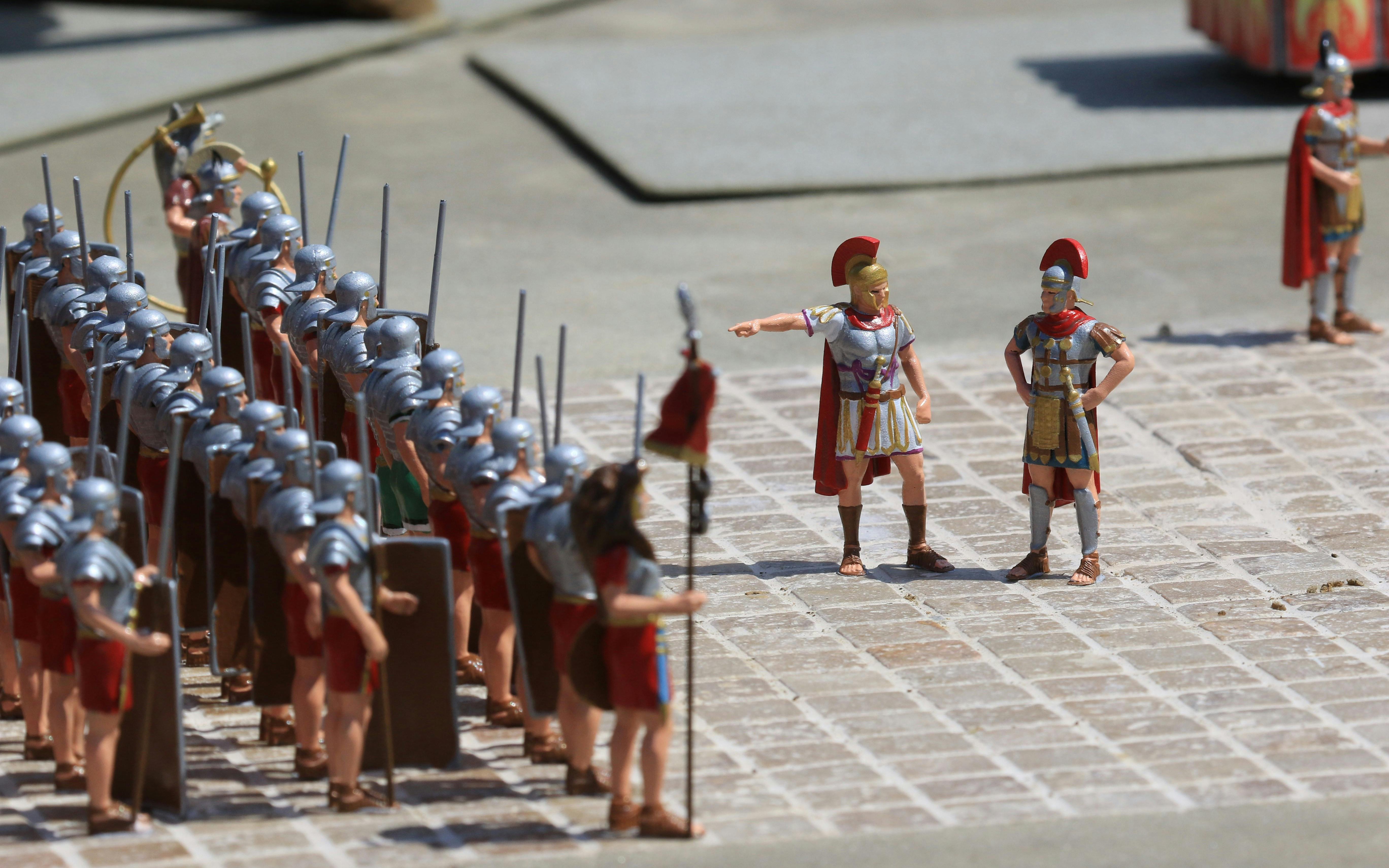 Miniature Roman soldiers in formation at Mini-Europe, Brussels.