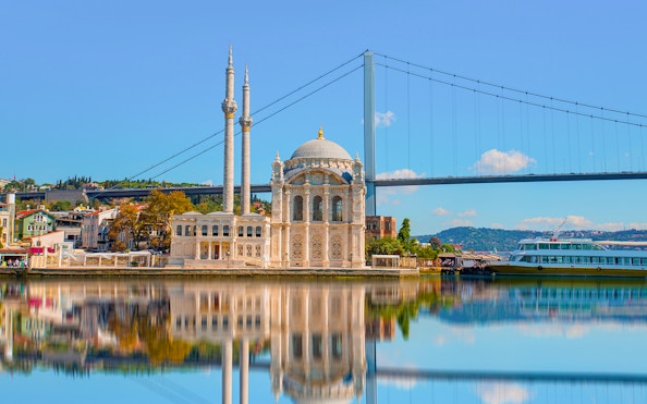 Ortakoy Mosque with Bosphorus Bridge in Istanbul, Turkey.