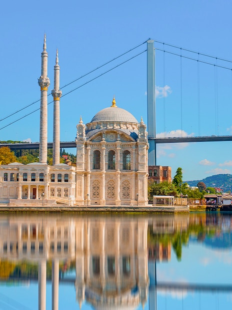 Ortakoy Mosque with Bosphorus Bridge in Istanbul, Turkey.
