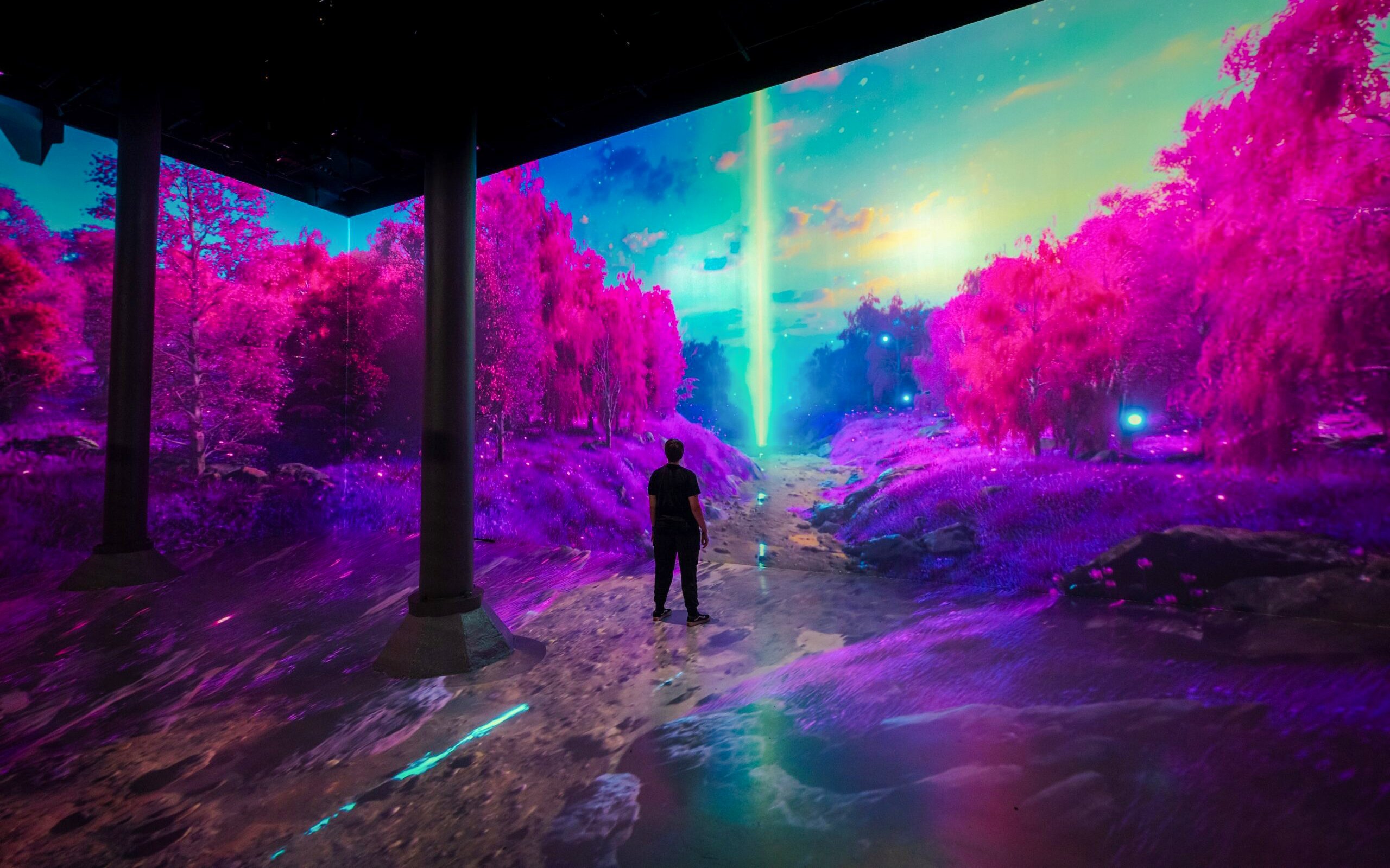 Person exploring immersive digital art installation at ARTECHOUSE New York.
