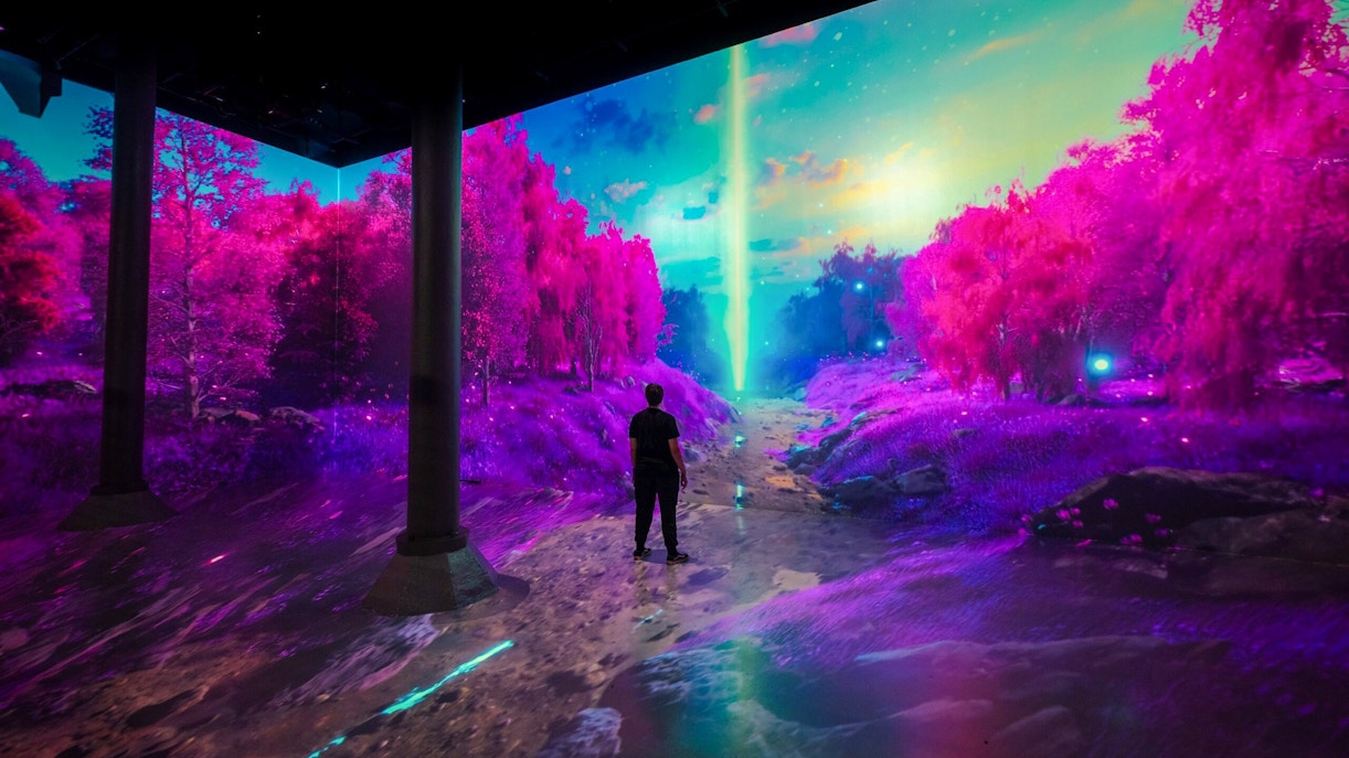 Person exploring immersive digital art installation at ARTECHOUSE New York.