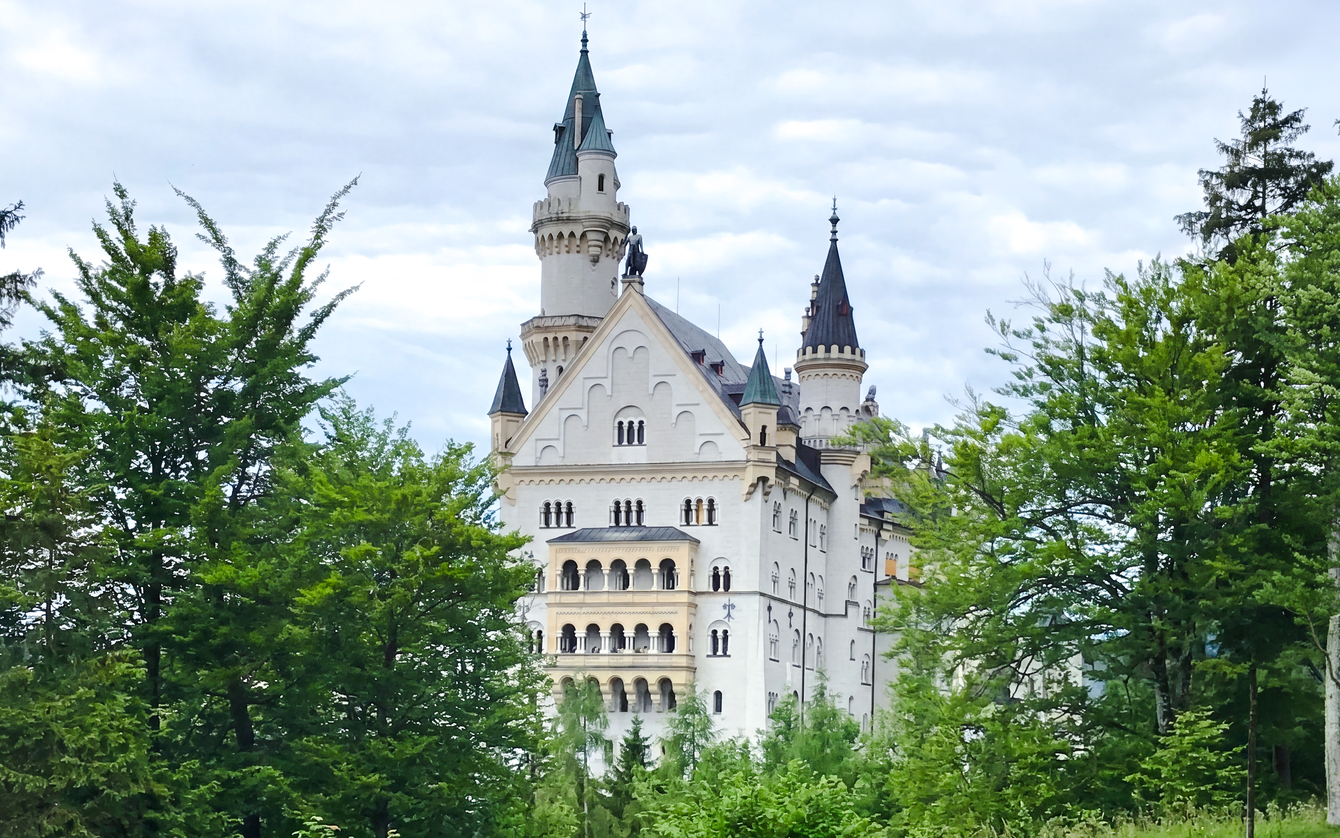 Neuschwanstein Castle surrounded by lush green trees in Bavaria, Germany.