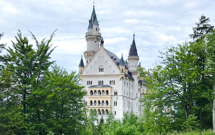 Neuschwanstein Castle surrounded by lush green trees in Bavaria, Germany.