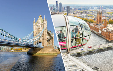 Tower Bridge and London Eye capsule overlooking the Thames in London.
