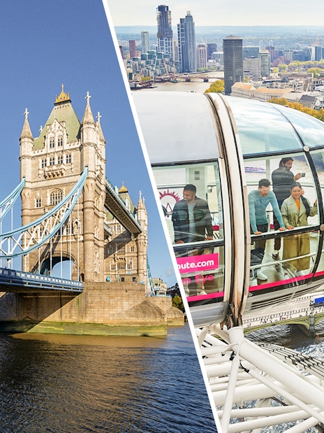 Tower Bridge and London Eye capsule overlooking the Thames in London.