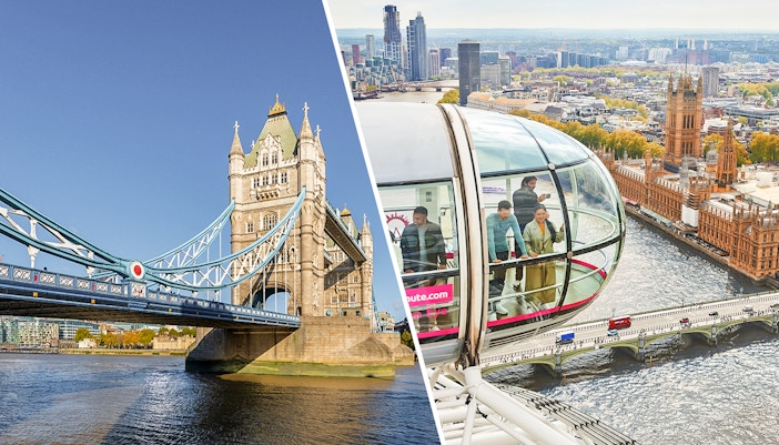Tower Bridge and London Eye capsule overlooking the Thames in London.