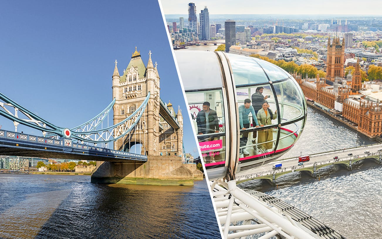 Tower Bridge and London Eye capsule overlooking the Thames in London.