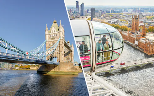 Tower Bridge and London Eye capsule overlooking the Thames in London.