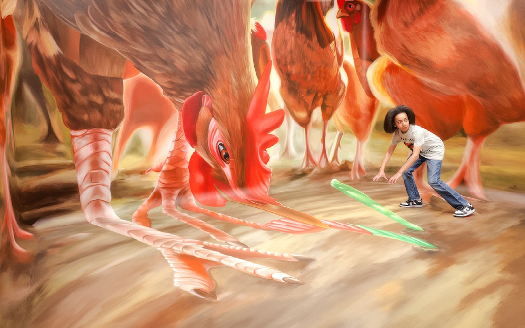 Guest interacting with giant chicken art at TiLT Interactive Museum, American Dream.