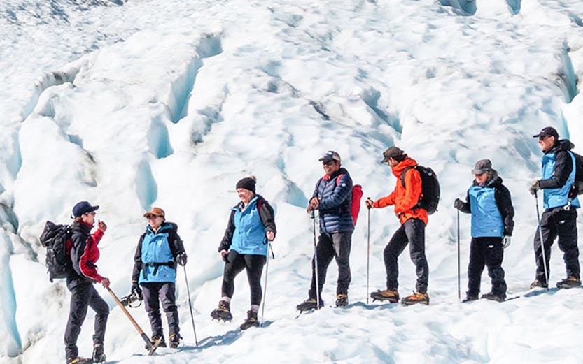 Group hiking on Fox Glacier with guide, New Zealand.