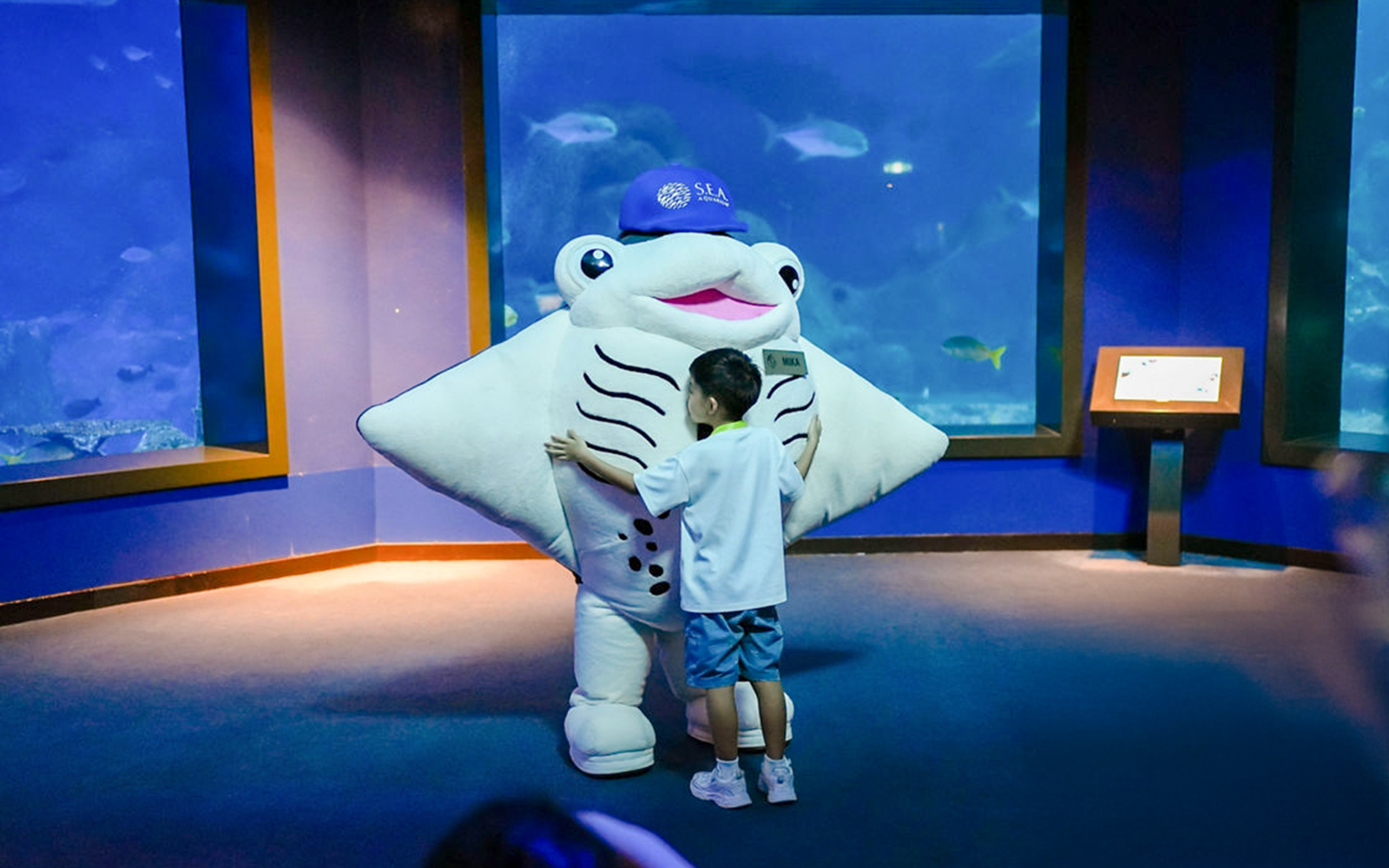 Child hugging manta ray mascot at aquarium exhibit.