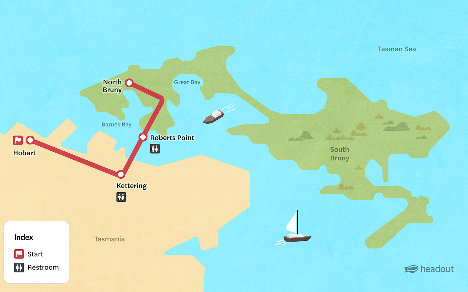 Bruny Island attractions map highlighting key tourist spots and routes in Tasmania, Australia.
