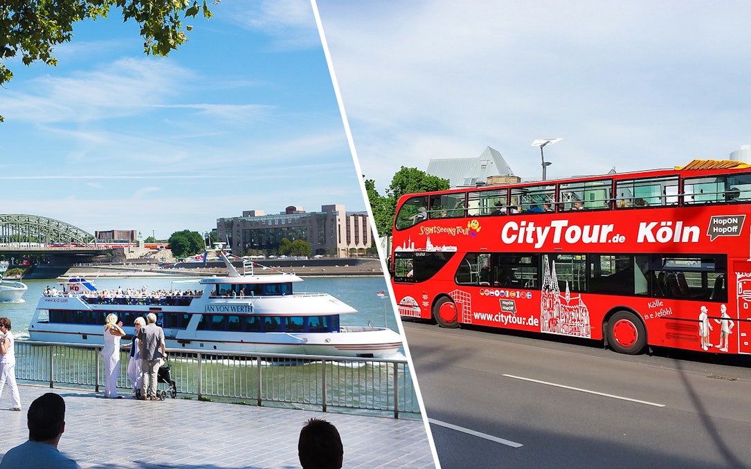 River cruise and red double-decker bus tour in Cologne, Germany.
