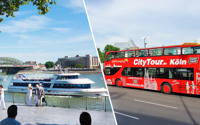 River cruise and red double-decker bus tour in Cologne, Germany.