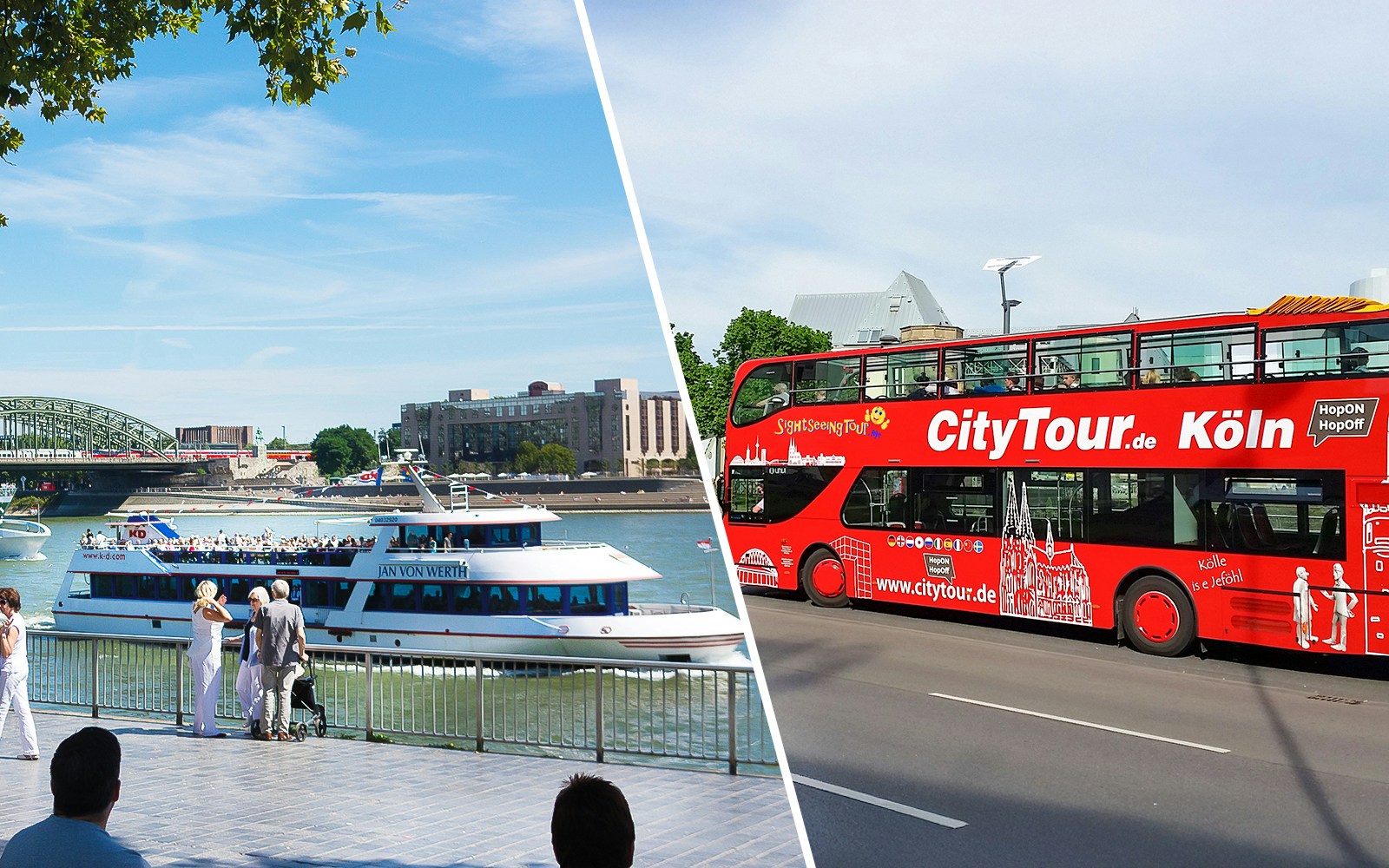River cruise and red double-decker bus tour in Cologne, Germany.