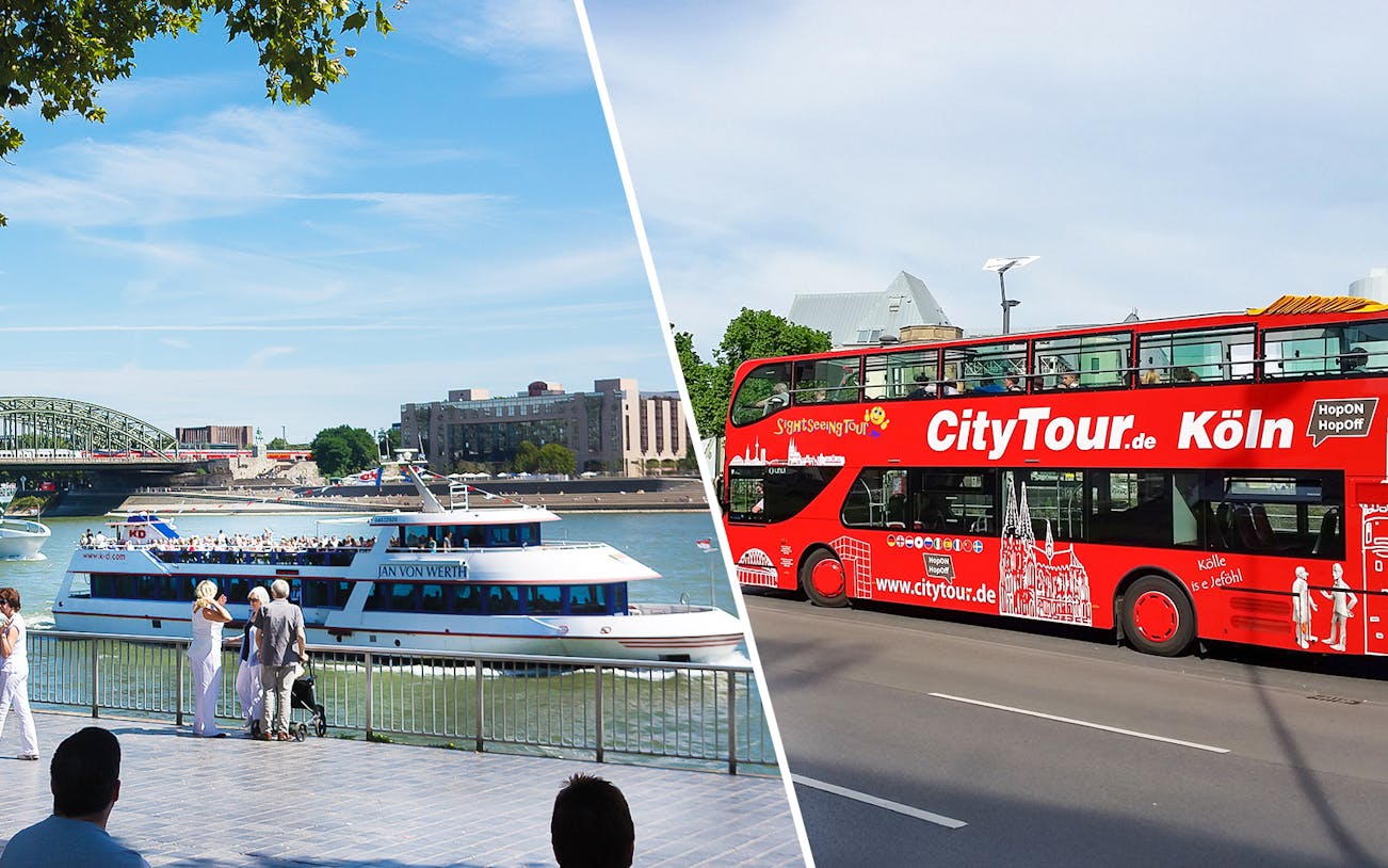 River cruise and red double-decker bus tour in Cologne, Germany.