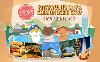 Kitakyushu and Shimonoseki attractions with cartoon characters and local cuisine.