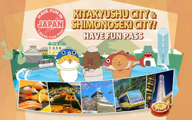 Kitakyushu and Shimonoseki attractions with cartoon characters and local cuisine.