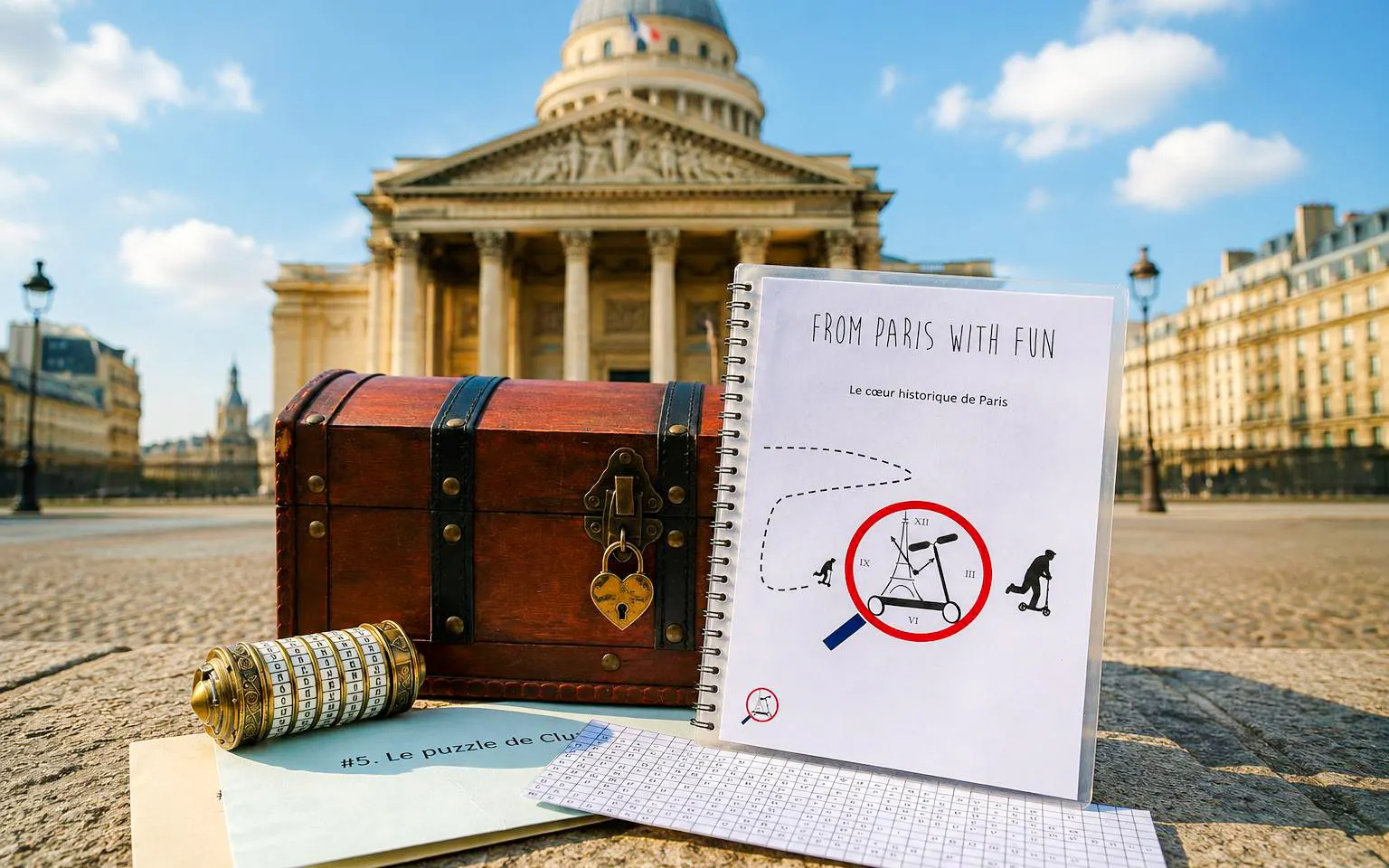 Treasure hunt clues and chest in front of the Panthéon, Paris.
