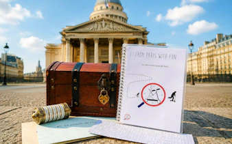Treasure hunt clues and chest in front of the Panthéon, Paris.
