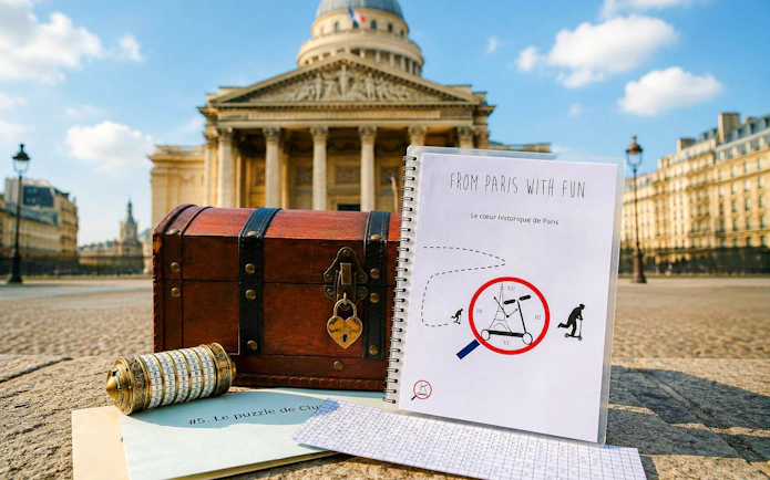 Treasure hunt clues and chest in front of the Panthéon, Paris.