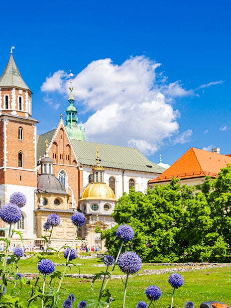 Royal Wawel Castle in Krakow with vibrant gardens and historic architecture.