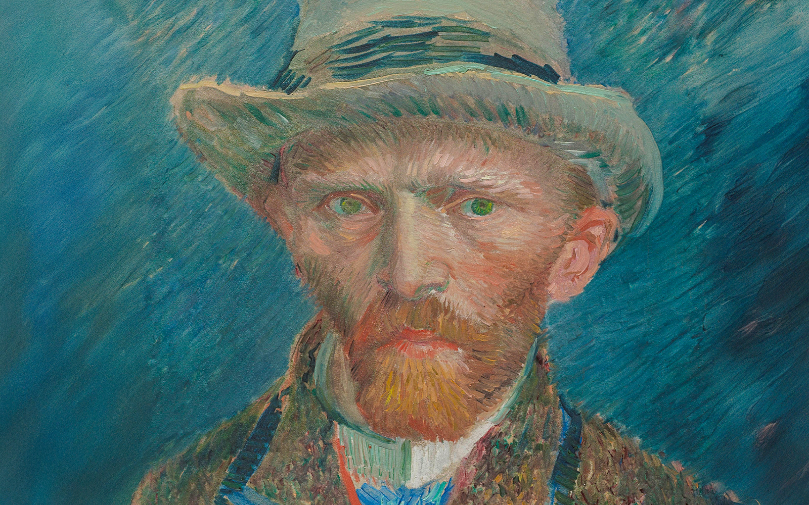 Self-portrait by Vincent van Gogh, 1887, featuring the artist in a hat against a blue background.