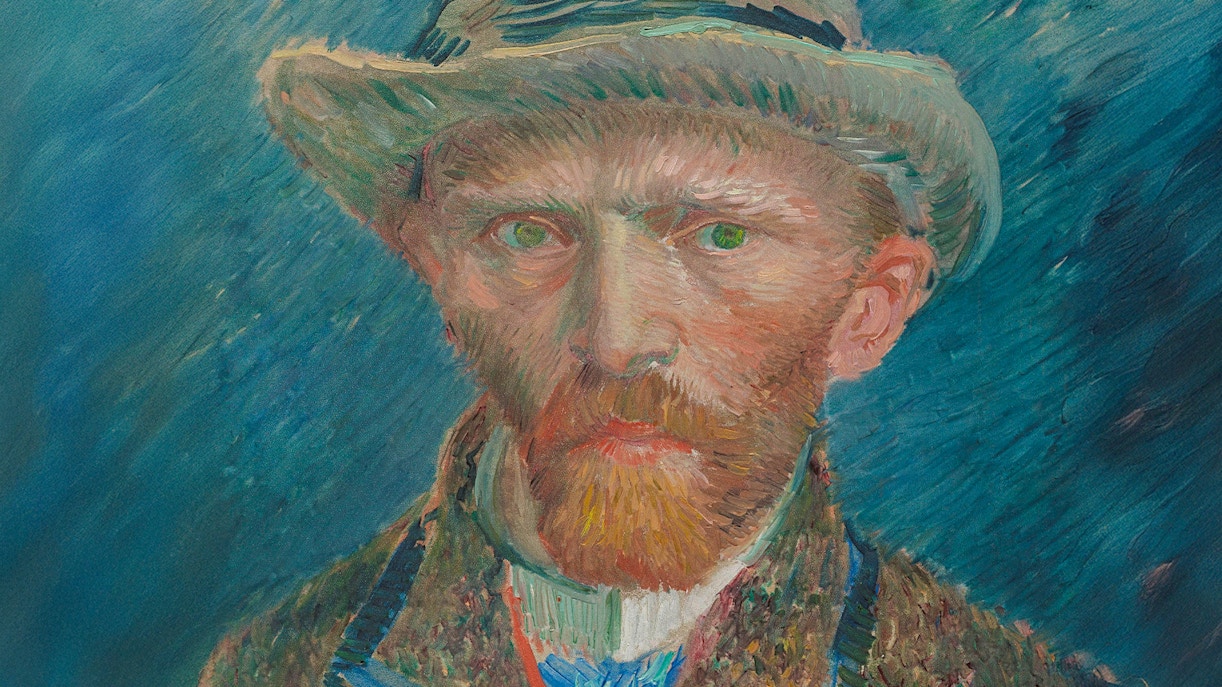 Self-portrait by Vincent van Gogh, 1887, featuring the artist in a hat against a blue background.